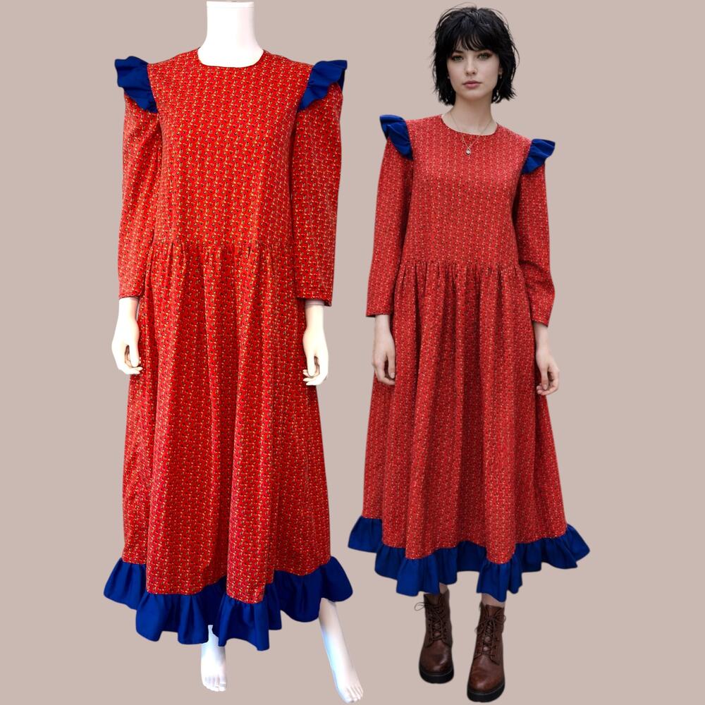 Vtg 70s Handmade Orange & Blue Floral Prairie Dress Size S/M Cottagecore Ruffle